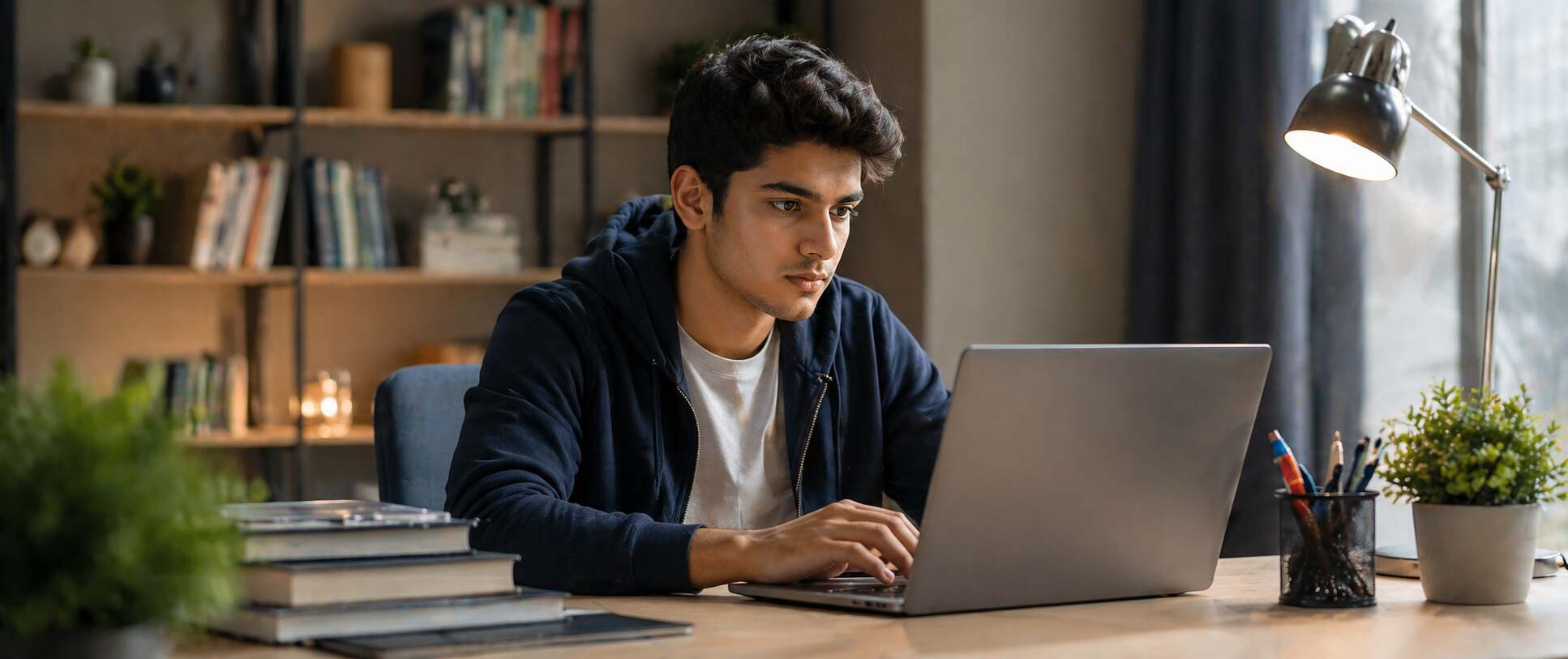 Student learning computer skills online with coding, design, and data analysis on screen