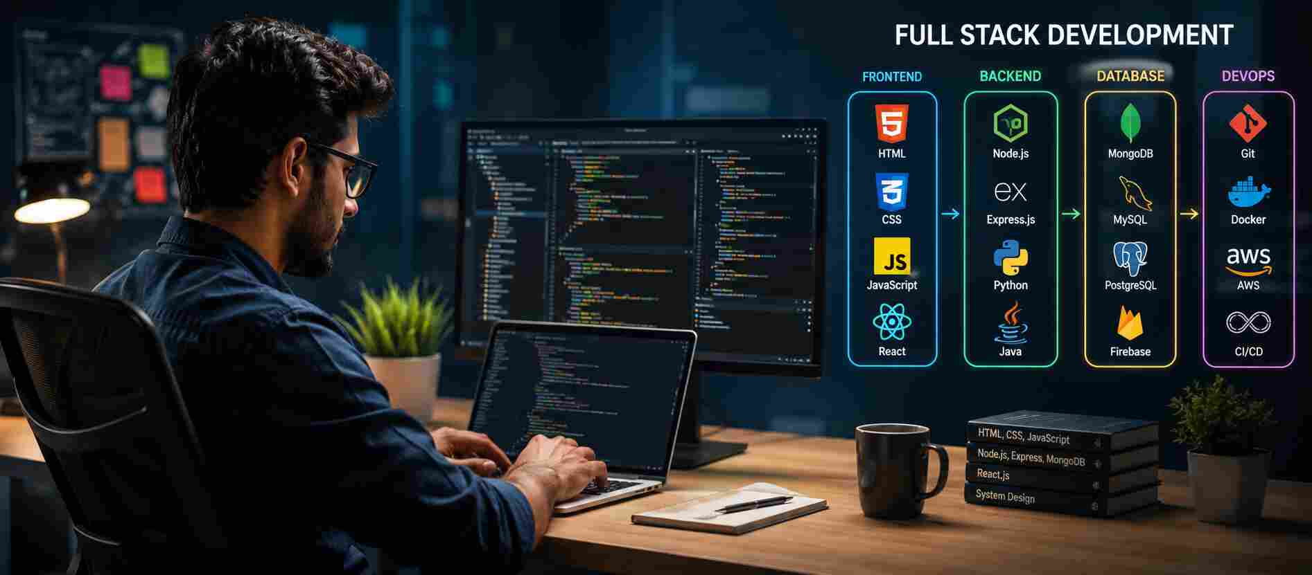 Full Stack Development concept showing frontend, backend, database, and coding technologies for beginners