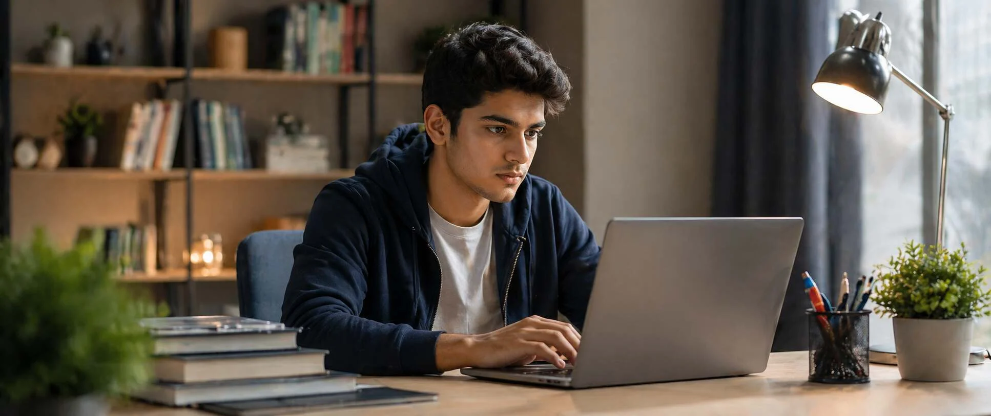 Student learning computer skills online with coding, design, and data analysis on screen