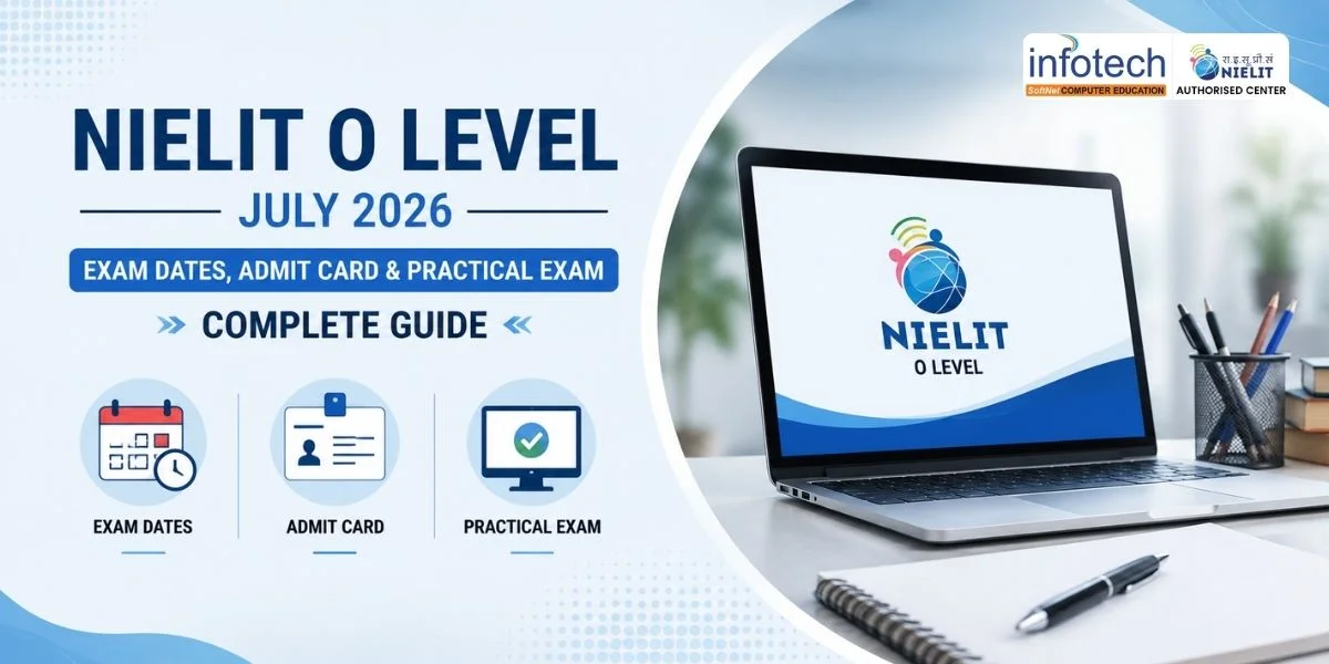 NIELIT O Level July 2026 exam schedule showing theory exam dates, practical exam, admit card, and result timeline.